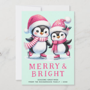 Tarjeta Festiva Merry and Bright Fun Penguin Navidades de la Casa 