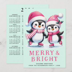 Tarjeta Festiva Merry and Bright Fun Penguin Navidades de la Casa