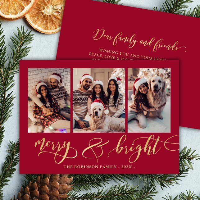 Tarjeta Festiva Merry and Bright Gold Script 3 Photo Red Christmas (Subido por el creador)