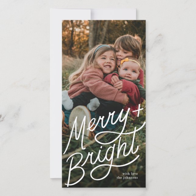 Tarjeta Festiva Merry and Bright Hand Lettering Tall Photo (Anverso)