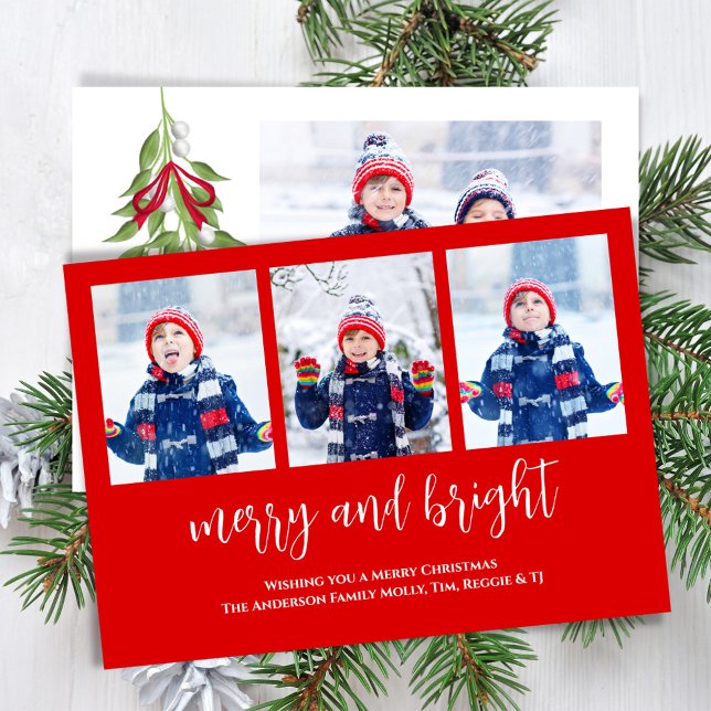 Tarjeta Festiva Merry and Bright Mistletoe Watercolor 4 Foto (Merry and Bright Christmas holiday photo card.)