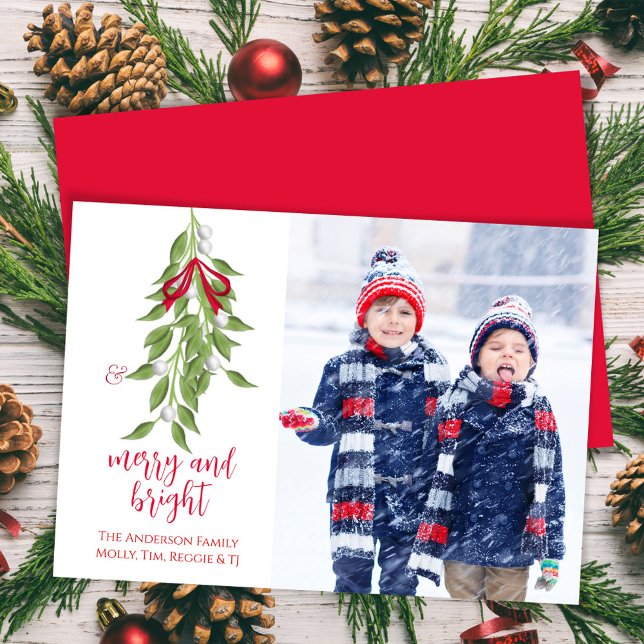 Tarjeta Festiva Merry and Bright Mistletoone One Photo Watercolor (Merry and Bright calligraphy script photo card. )