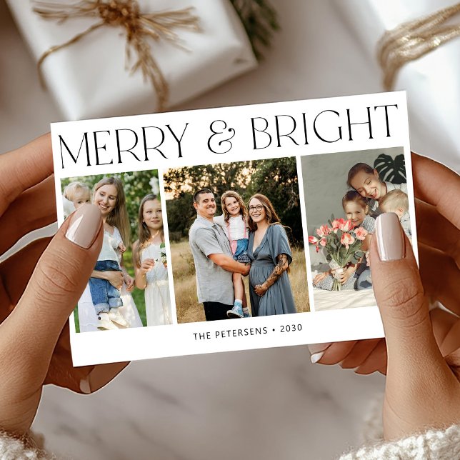 Tarjeta Festiva Merry and Bright modern 3 photos Christmas (Subido por el creador)