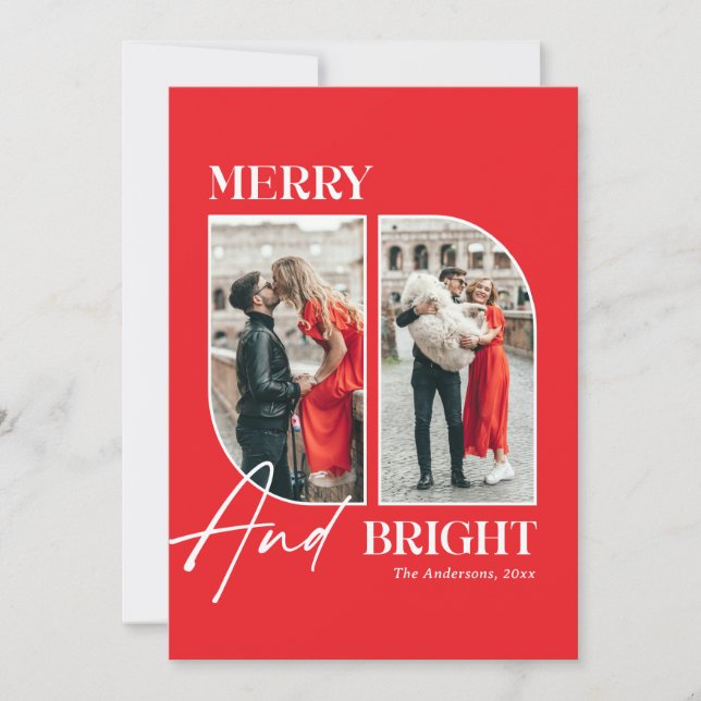 Tarjeta Festiva Merry and Bright | Modern Red Christmas Photo (Anverso)