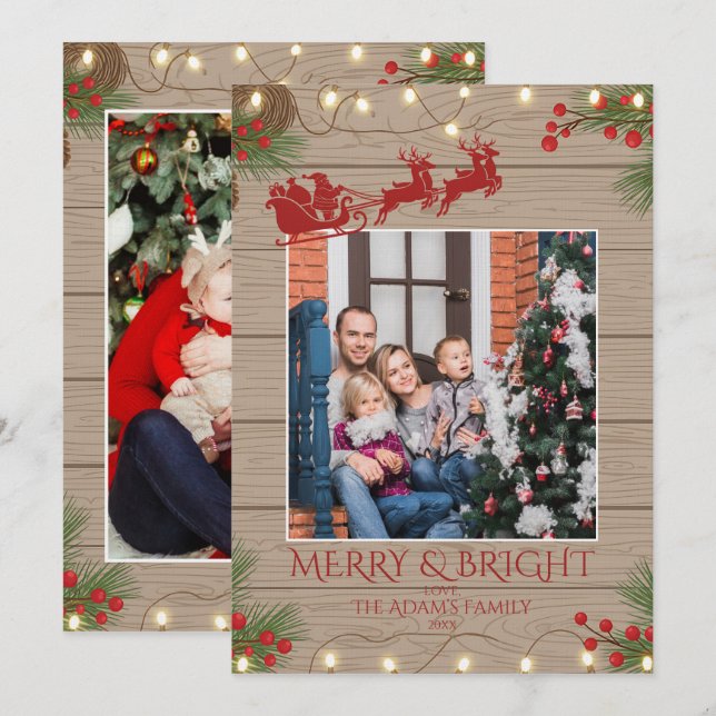 Tarjeta Festiva Merry and Bright Santa Sleigh Family 2 Photo  (Anverso / Reverso)