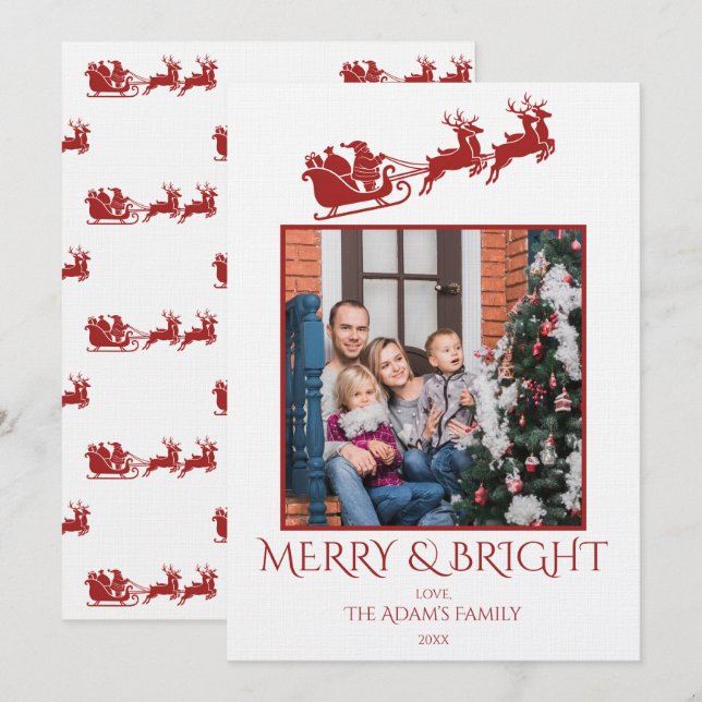 Tarjeta Festiva Merry and Bright Santa Sleigh Family Photo  (Anverso / Reverso)
