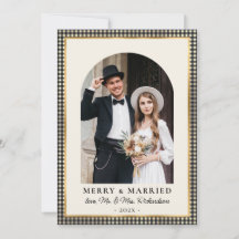 Merry and Married Arch Photo Black Gold Plaid 