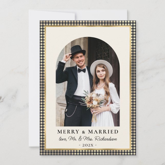 Tarjeta Festiva Merry and Married Arch Photo Black Gold Plaid  (Anverso)