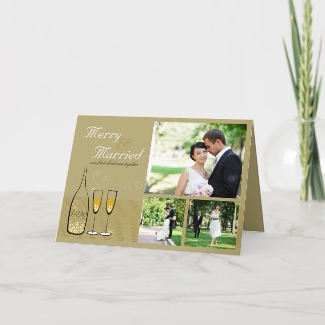 Tarjeta Festiva Merry And Married Gold Champagne 3 Foto Boda (Anverso)