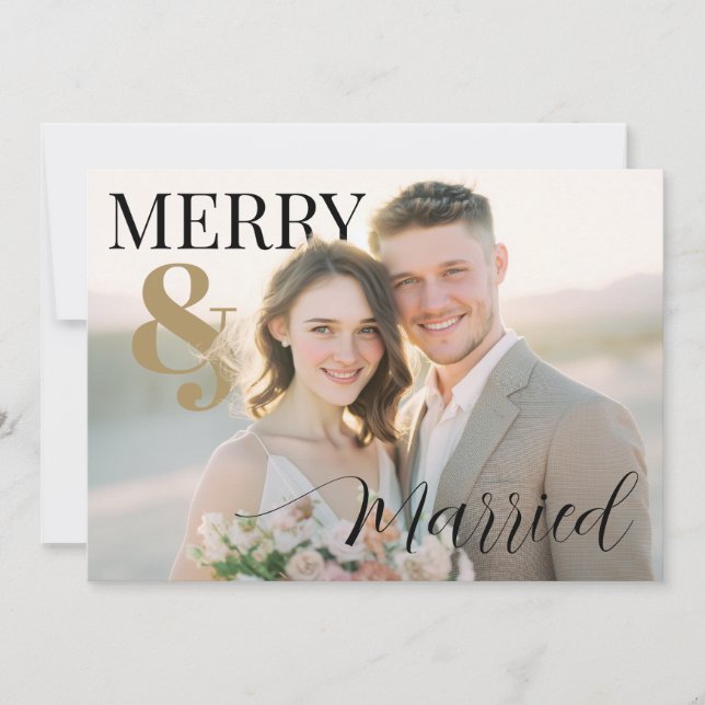Tarjeta Festiva Merry and Married Modern Photo Holiday Card (Anverso)