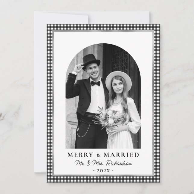 Tarjeta Festiva Merry and Married Newlywed Photo Black White Plaid (Anverso)