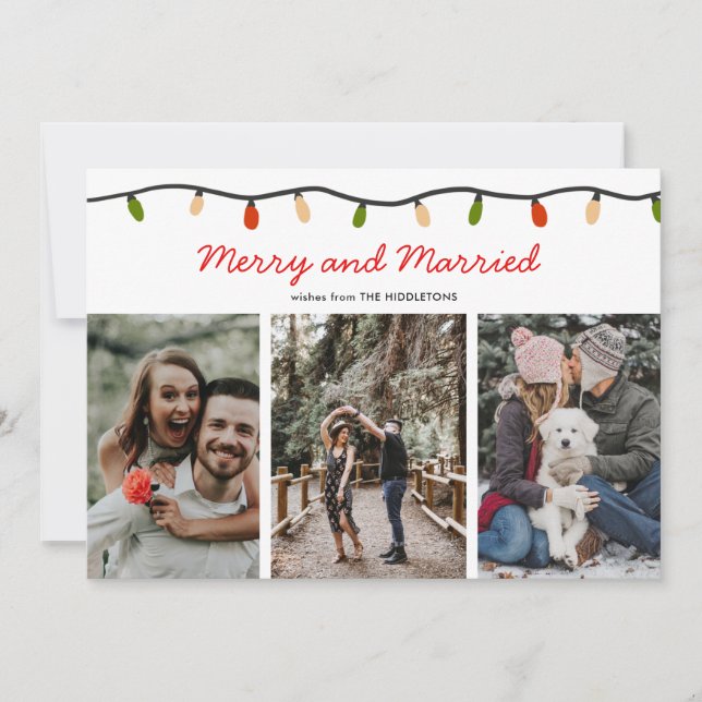 Tarjeta Festiva Merry and Married Script Christmas Lights | Photo (Anverso)