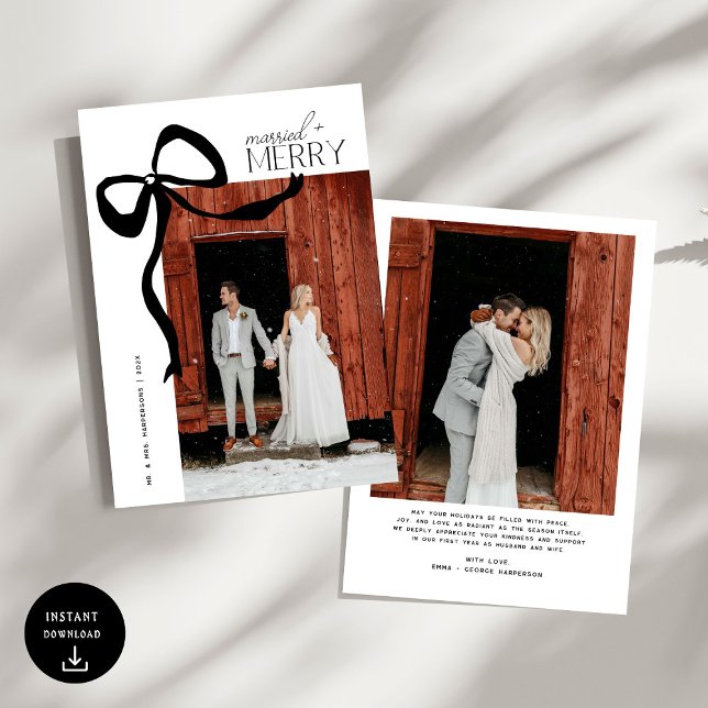 Tarjeta Festiva Merry and Married Script Photo Christmas Bow (Subido por el creador)