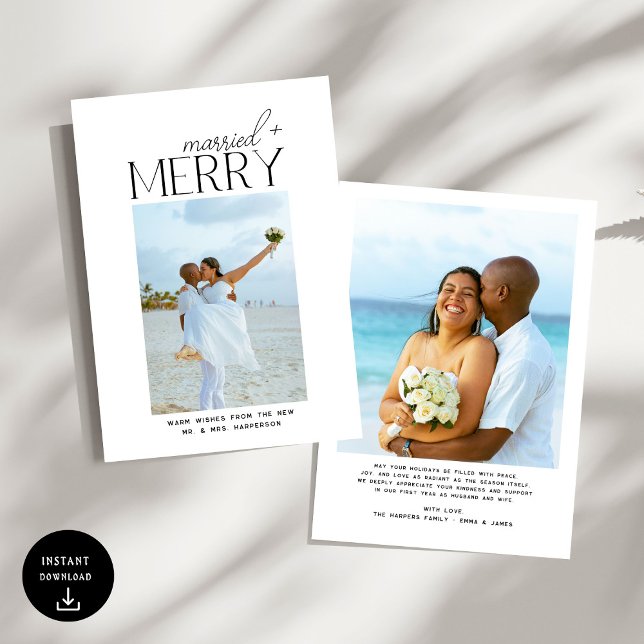 Tarjeta Festiva Merry and Married Script Photo Christmas Newlyweds (Subido por el creador)