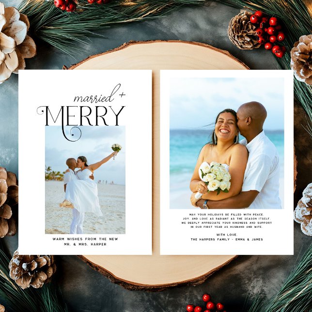 Tarjeta Festiva Merry and Married Script Photo Christmas Newlyweds (Subido por el creador)