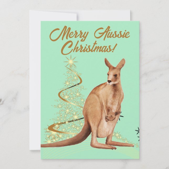 Tarjeta Festiva Merry Aussie Navidades Kangaroo (Anverso)