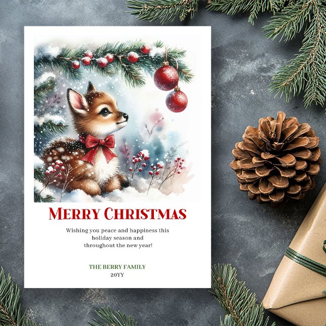 Tarjeta Festiva Merry baby deer winter scene snowy forest greeting (Merry baby deer winter scene snowy forest greeting card)