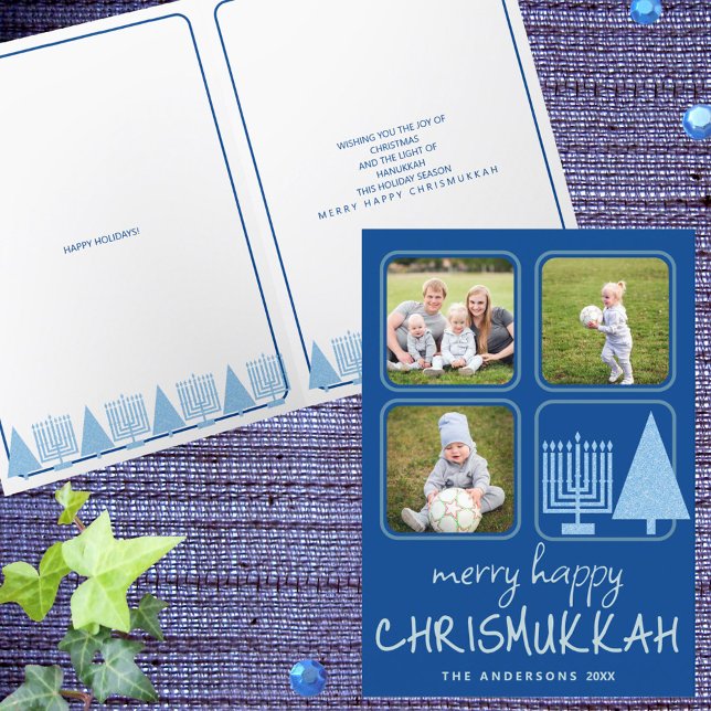 Tarjeta Festiva Merry Blue Interfaith Cute Handwrite 3 Foto (Easy to personalize, these menorah and tree holiday cards celebrate Christmas and Hanukkah together)