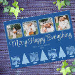 Tarjeta Festiva Merry Blue Interfaith Menorah Tree Cute 4 Foto<br><div class="desc">Personalice estas 4 tarjetas de vacaciones de collage de fotos en un diseño interreligioso simple azul pastel y azul oscuro Feliz Todo. Un elegante y estilizado tipo de letra en azul pálido con una ligera sombra en la marina oscura agrega interés y la hilera de cinco menorahs azul claro y...</div>