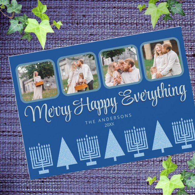 Tarjeta Festiva Merry Blue Interfaith Menorah Tree Cute 4 Foto (Add your photos to these fun Merry Happy Everything cards, perfect for interfaith couples)
