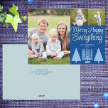 Tarjeta Festiva Merry Blue Interfaith Tree Menorah Cute 3 Foto<br><div class="desc">Las plantillas fotográficas hacen que el diseño de sus 3 tarjetas de vacaciones de collage de fotos sea una instantánea con este elegante y moderno guión de diseño Merry Happy Everything en azul pastel y azul oscuro. Añade tu foto grande favorita a la izquierda de estas tarjetas personalizados y luego...</div>
