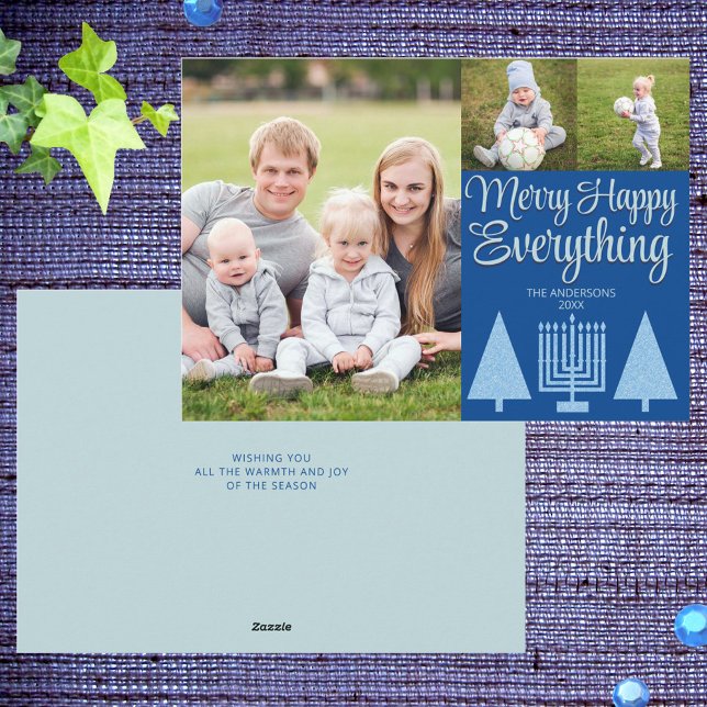 Tarjeta Festiva Merry Blue Interfaith Tree Menorah Cute 3 Foto (Cute Merry Happy Everything holiday cards with Christmas trees and Hanukkah menorahs)
