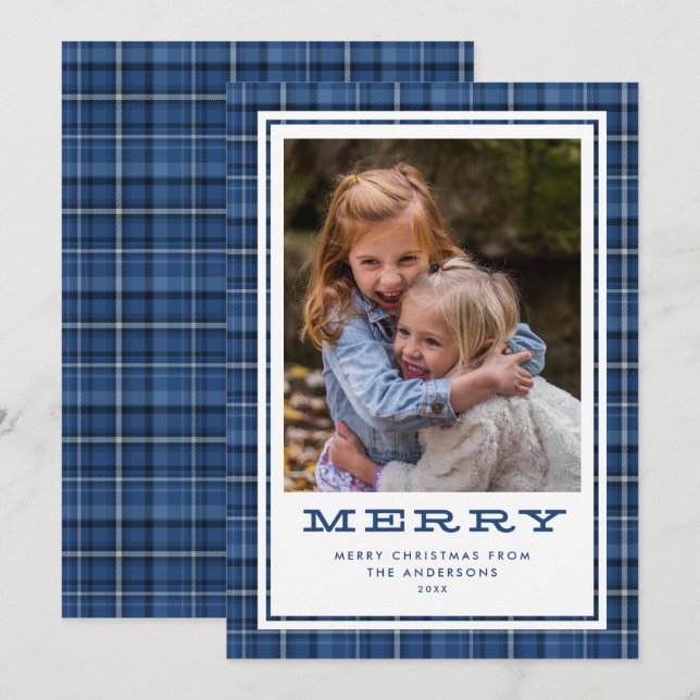 Tarjeta Festiva Merry Blue Plaid Single Photo (Anverso / Reverso)