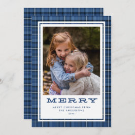 Tarjeta Festiva Merry Blue Plaid Single Photo