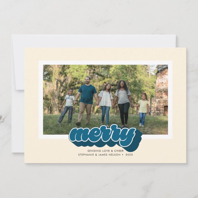 Tarjeta Festiva Merry Blue Retro Script Christmas Photo (Anverso)