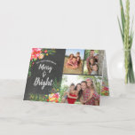 Tarjeta Festiva Merry Bright 3 Photo Chalkboard Navidades florales<br><div class="desc">Este elegante y moderno personalizable de tres fotos con una tarjeta de Navidades florales de color merry y acuarela brillante con coloridas imágenes de rojos, verdes, rosa, naranjas y amarillos en un fondo de pizarra con un guión moderno de tipo tiza. Esta tarjeta es fácil de personalizar con sus propias...</div>