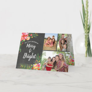 Tarjeta Festiva Merry Bright 3 Photo Chalkboard Navidades florales