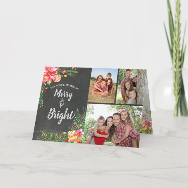 Tarjeta Festiva Merry Bright 3 Photo Chalkboard Navidades florales (Anverso)