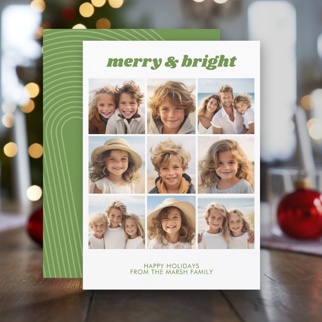 Tarjeta Festiva Merry & Bright - 9 Foto - Zen Arch Blanco Verde (Modern Christmas Photo Greeting Card)