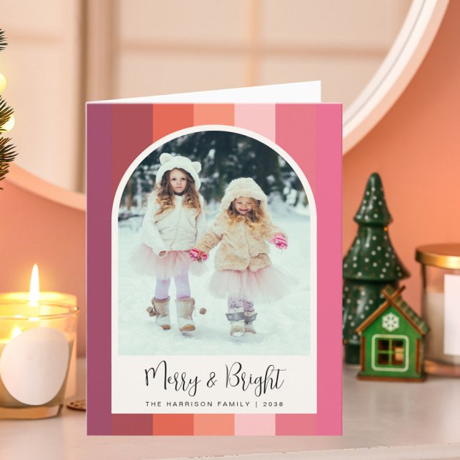 Tarjeta Festiva Merry Bright Arch Foto Navidades rosados (Subido por el creador)