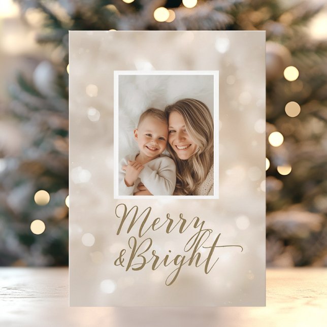 Tarjeta Festiva Merry & Bright Beige Gold Christmas Photo (Subido por el creador)
