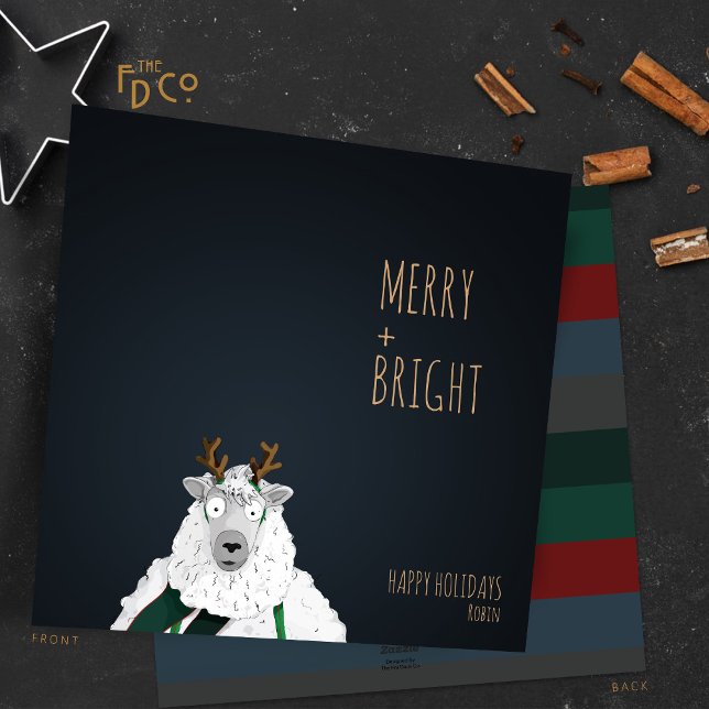 Tarjeta Festiva "Merry + Bright" Crazy Cute Sheep (Subido por el creador)