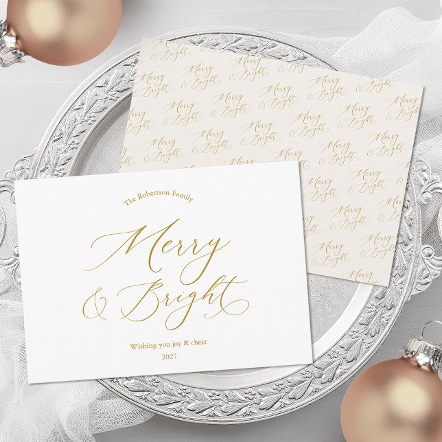 Tarjeta Festiva Merry & Bright Elegant Gold Script Christmas Card (Subido por el creador)