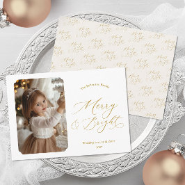 Tarjeta Festiva Merry & Bright Elegant Gold Script Christmas Photo