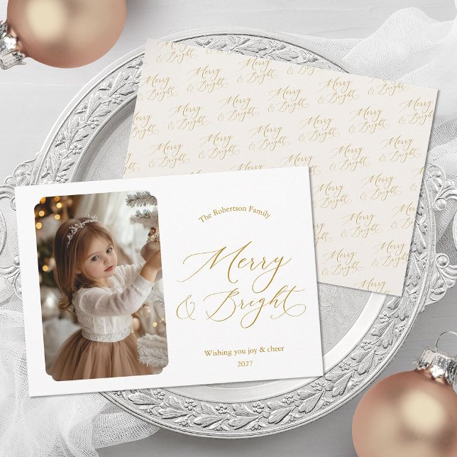 Tarjeta Festiva Merry & Bright Elegant Gold Script Christmas Photo (Subido por el creador)