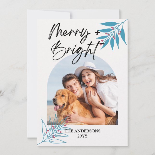 Tarjeta Festiva Merry Bright Elegant Script Arch 4 Photo Navidades (Anverso)