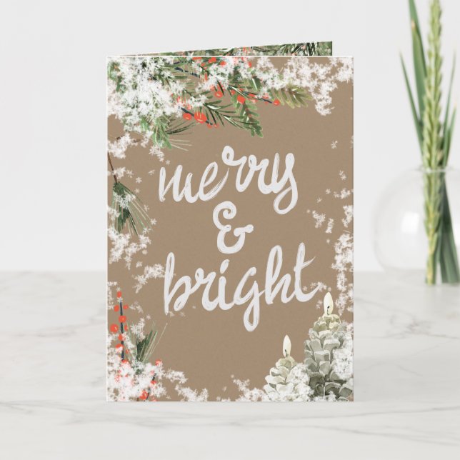 Tarjeta Festiva Merry & Bright escribe Snowy Pine & Ilex Berries (Anverso)