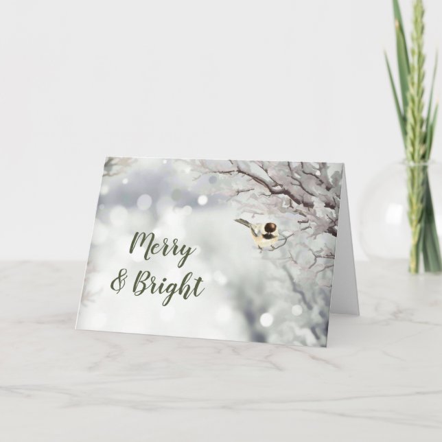 Tarjeta Festiva Merry Bright Forest Snowflakes Chickadee Bird (Anverso)
