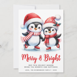 Tarjeta Festiva Merry Bright Fun Pingüinos Navidades rojos blancos