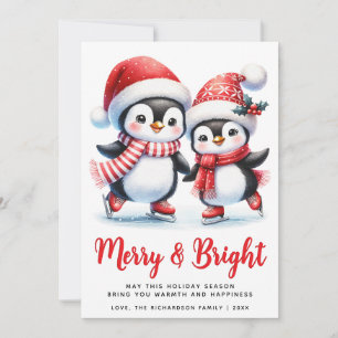 Tarjeta Festiva Merry Bright Fun Pingüinos Navidades rojos blancos