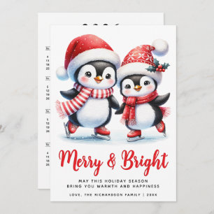 Tarjeta Festiva Merry Bright Fun Pingüinos Navidades rojos blancos