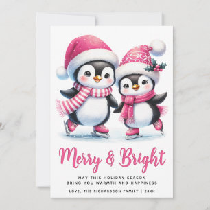 Tarjeta Festiva Merry Bright Ice Skyline Pingüinos Navidades rosad