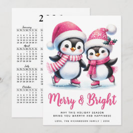 Tarjeta Festiva Merry Bright Ice Skyline Pingüinos Navidades rosad