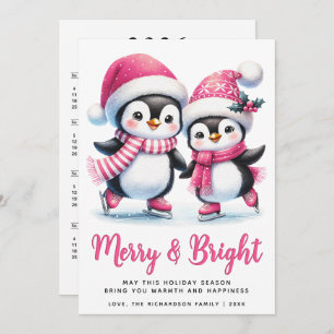 Tarjeta Festiva Merry Bright Ice Skyline Pingüinos Navidades rosad