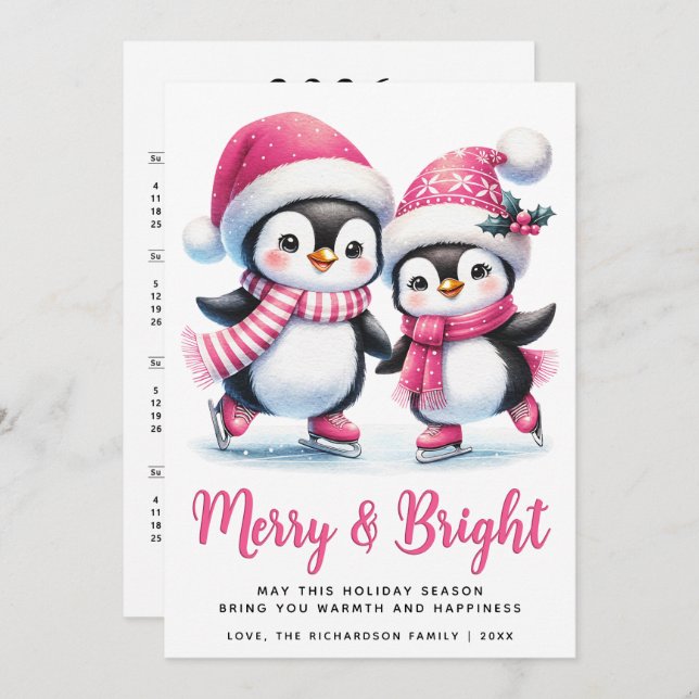 Tarjeta Festiva Merry Bright Ice Skyline Pingüinos Navidades rosad (Anverso / Reverso)