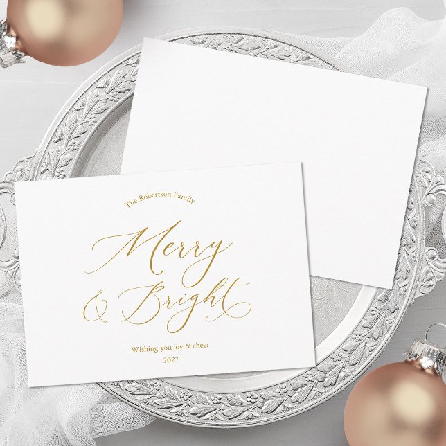 Tarjeta Festiva Merry & Bright Minimalist Gold Script Christmas (Subido por el creador)